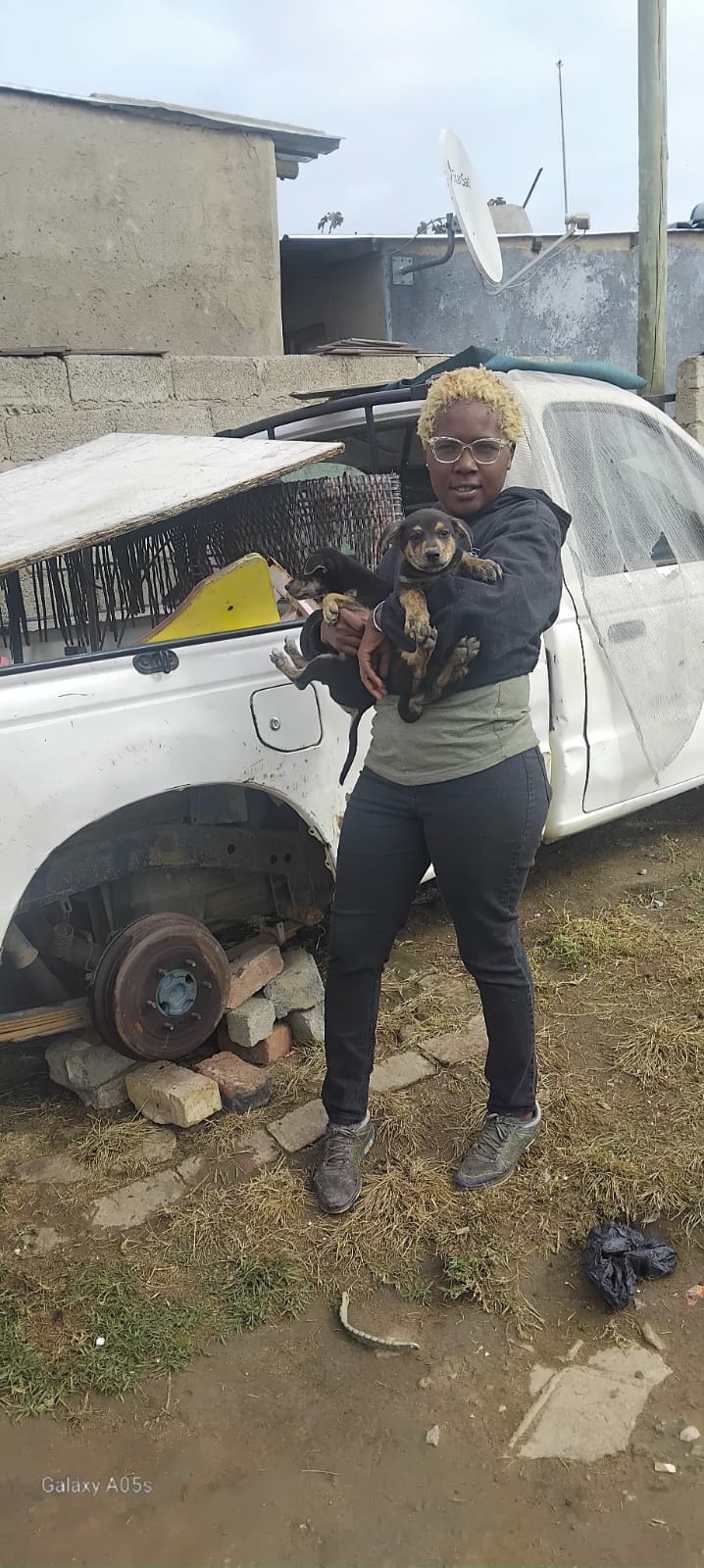 A rescuer holding two small puppies outside